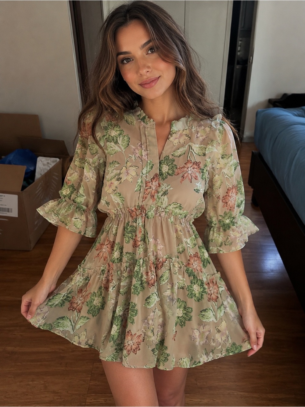 Princess Polly Beige Floral Ruffle Tiered Midi Dress with Green and Blush Print